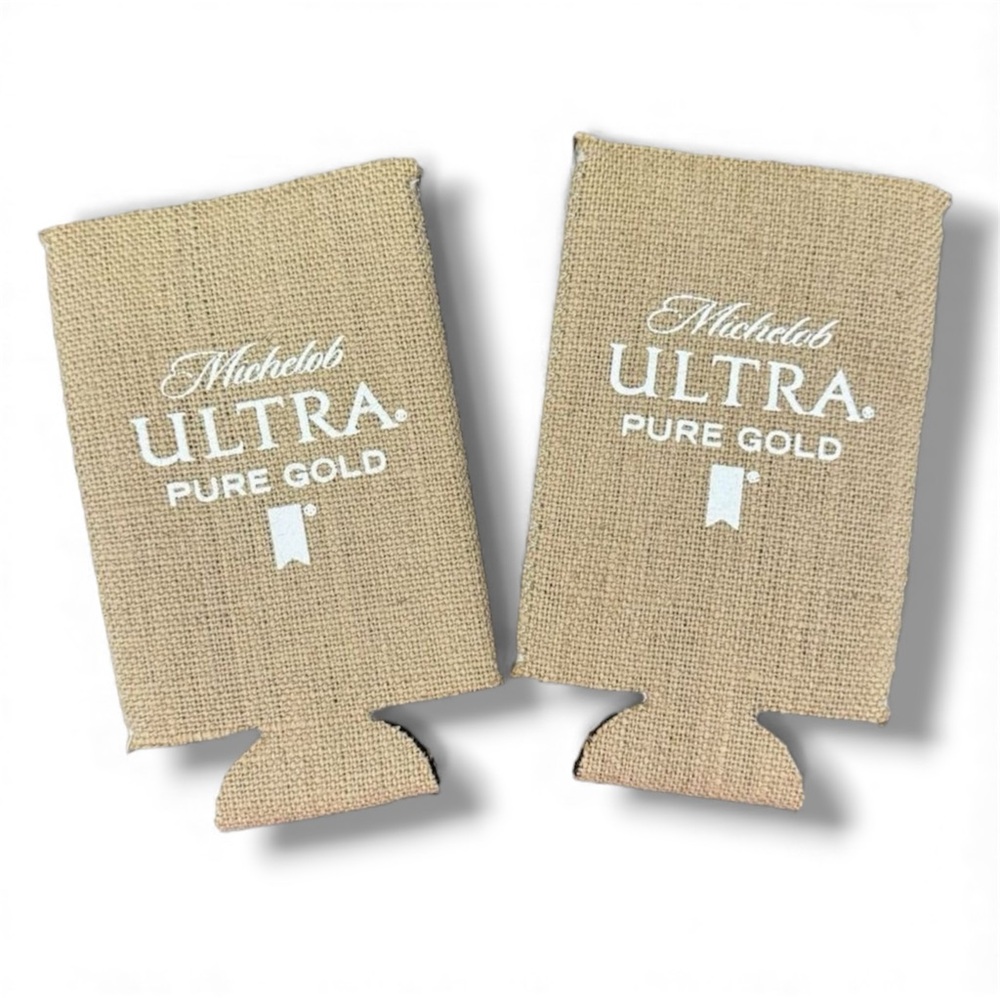 Michelob‎ Ultra Pure Gold Burlap Bottle Coolie Koozies Beer Sleeve Set of 2